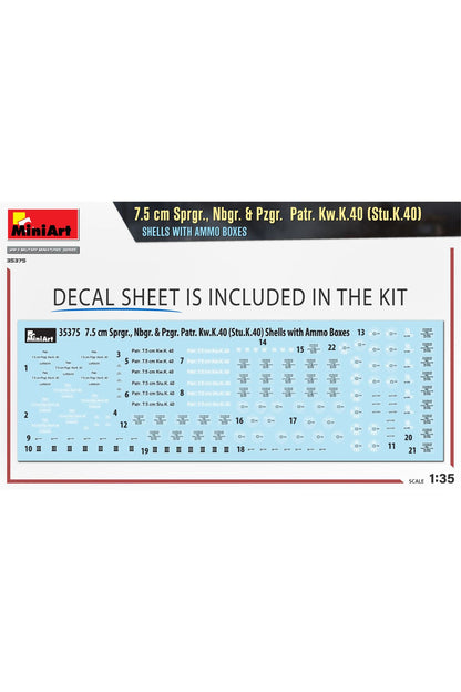 MiniArt 7.5 cm Sprgr., Nbgr. & Pzgr.  Patr. Kw.K.40 (Stu.K.40)  Mermiler ve Cephane Kutuları